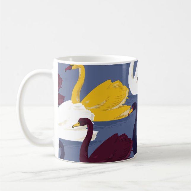 Hand-drawn swans, blue lake pattern. coffee mug (Left)