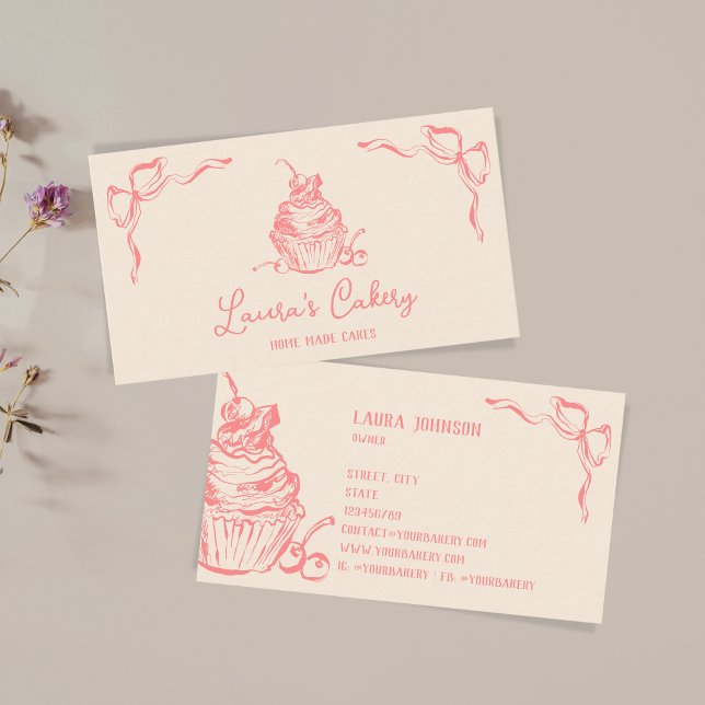 Hand Drawn Sweet Cupcake Bakery Pastry Chef  Business Card (hand drawn cupcake pastel pink color, cherry on top)