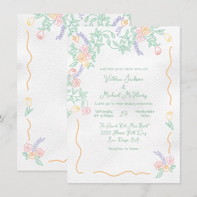 Hand drawn Sweet Wild Flower Wedding Invitation (Front/Back)