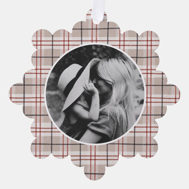 Hand Drawn Tartan Beige Plaid Photo Ornament Card (Front)