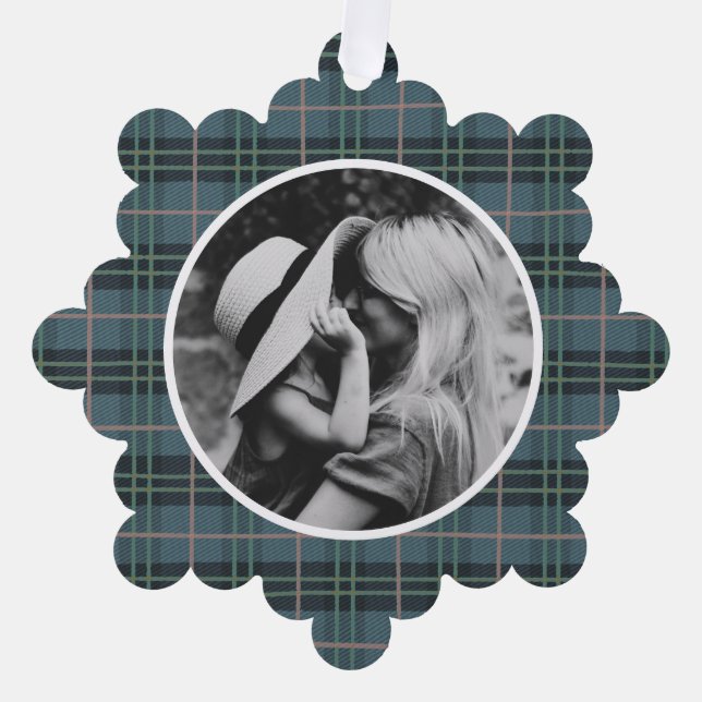 Hand Drawn Tartan Blue Plaid Photo Ornament Card (Front)