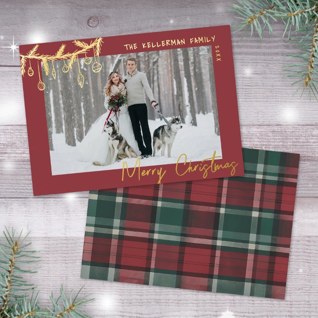 Hand Drawn Tartan Red Gold Merry Christmas Foil Holiday Card (Hand Drawn Tartan Red Gold Merry Christmas Foil Holiday Card)