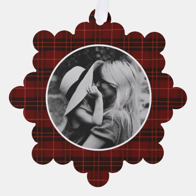 Hand Drawn Tartan Red Plaid Photo Ornament Card (Front)