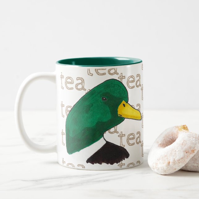 Hand-drawn Tea Coffee Mallard Duck Two-Tone Coffee Mug (With Donut)