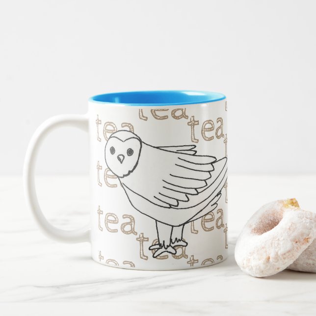 Hand-drawn Tea Coffee Snowy Owl Two-Tone Coffee Mug (With Donut)
