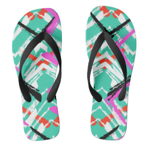 Hand Drawn Teal Zig Zag Pattern Flip Flops