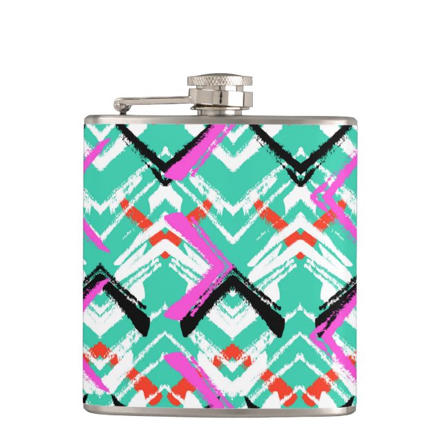 Hand Drawn Teal Zig Zag Pattern Hip Flask (Front)