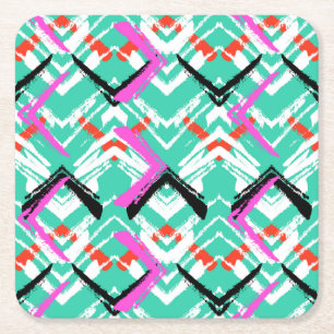 Hand Drawn Teal Zig Zag Pattern Square Paper Coaster