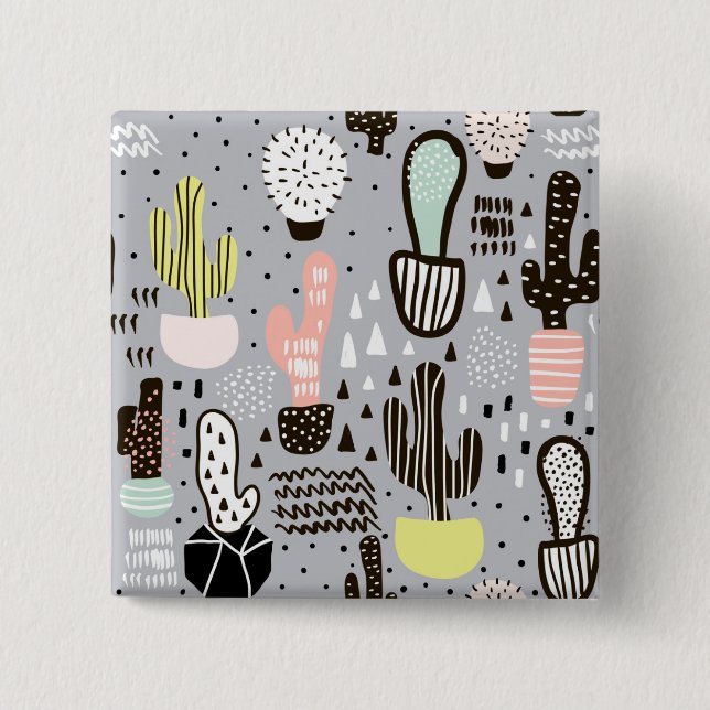 Hand Drawn Textured Cactus Pattern 2 Inch Square Button (Front)