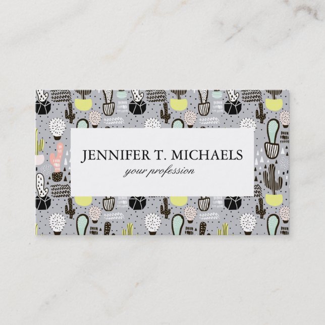 Hand Drawn Textured Cactus Pattern Business Card (Front)