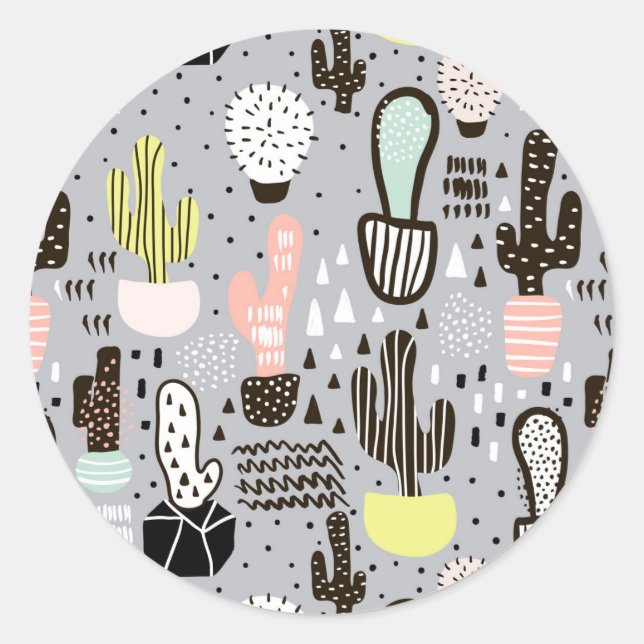 Hand Drawn Textured Cactus Pattern Classic Round Sticker (Front)