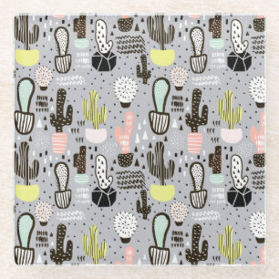 Hand Drawn Textured Cactus Pattern Glass Coaster