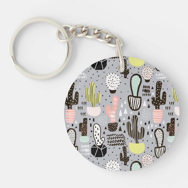 Hand Drawn Textured Cactus Pattern Keychain (Front)