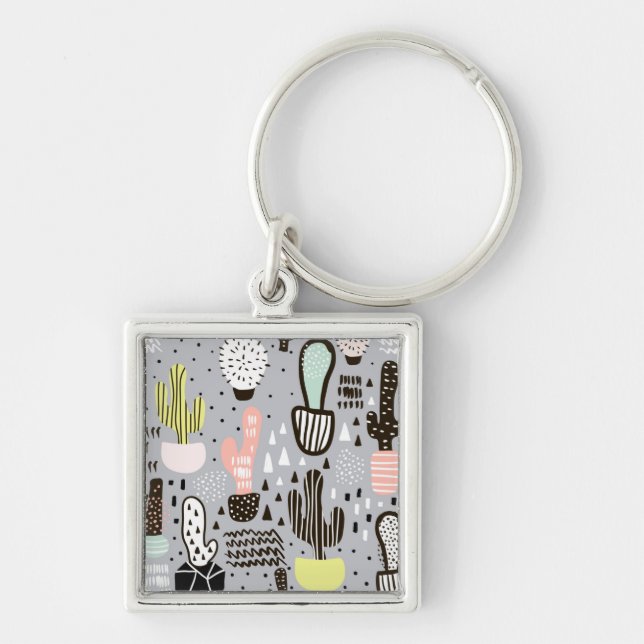 Hand Drawn Textured Cactus Pattern Keychain (Front)