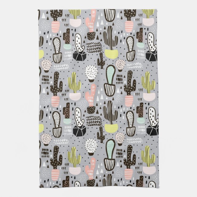 Hand Drawn Textured Cactus Pattern Kitchen Towel (Vertical)