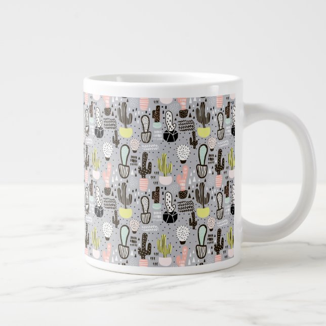 Hand Drawn Textured Cactus Pattern Large Coffee Mug (Right)