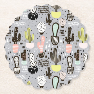 Hand Drawn Textured Cactus Pattern Paper Coaster
