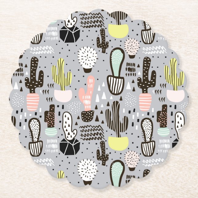 Hand Drawn Textured Cactus Pattern Paper Coaster (Front)