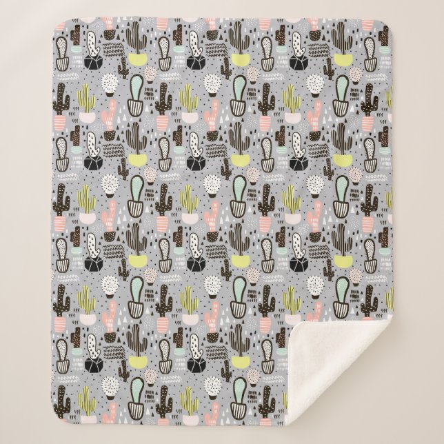 Hand Drawn Textured Cactus Pattern Sherpa Blanket (Front)