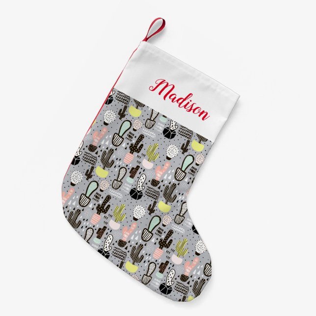 Hand Drawn Textured Cactus Pattern Small Christmas Stocking (Front (Hanging))