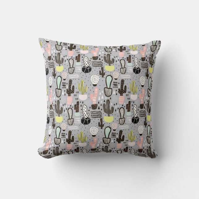 Hand Drawn Textured Cactus Pattern Throw Pillow (Front)