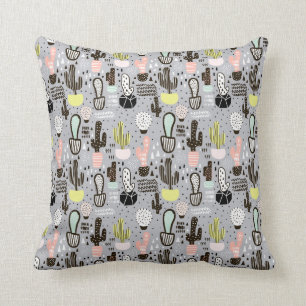 Hand Drawn Textured Cactus Pattern Throw Pillow