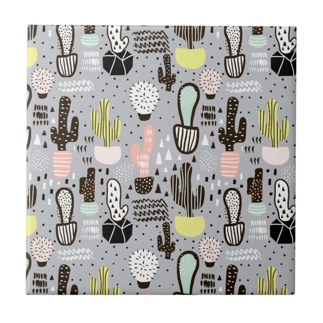 Hand Drawn Textured Cactus Pattern Tile (Front)