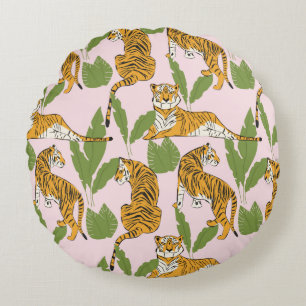 Hand drawn tiger seamless pattern, big cats in dif round pillow