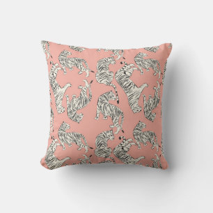 Hand drawn tiger seamless pattern, big cats in dif throw pillow