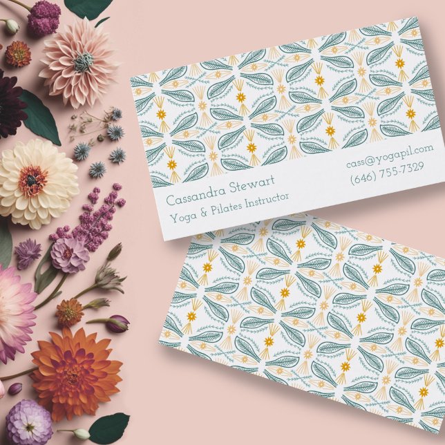 Hand Drawn Tile Pattern Design Green Gold Business Card (Pretty pattern custom business cards. Add your own text to customize.)