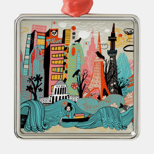 Hand Drawn Tokyo Japan Metal Ornament (Front)
