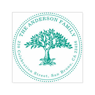 Hand Drawn Tree Family Name & Round Return Address Self-inking Stamp