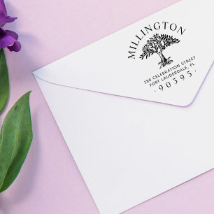 Hand-drawn Tree Round Family Name Return Address Self-inking Stamp