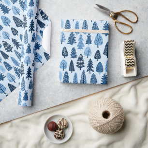 Hand Drawn Trees Blue Christmas Wrapping Paper