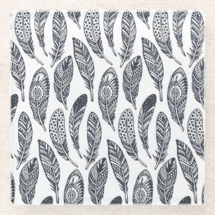 Hand-drawn tribal feathers, vintage pattern. glass coaster