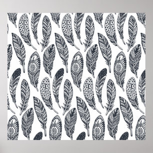 Hand-drawn tribal feathers, vintage pattern. poster