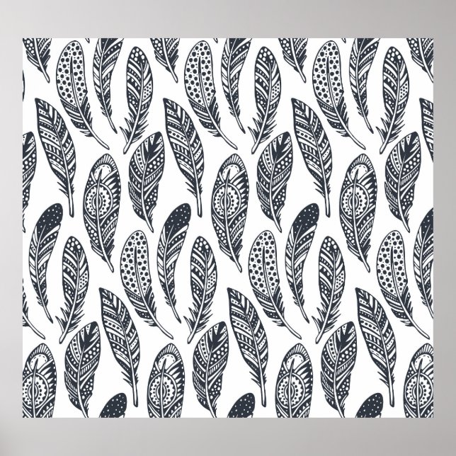 Hand-drawn tribal feathers, vintage pattern. poster (Front)