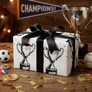 Hand Drawn Trophy Retro Black and White Award Wrapping Paper