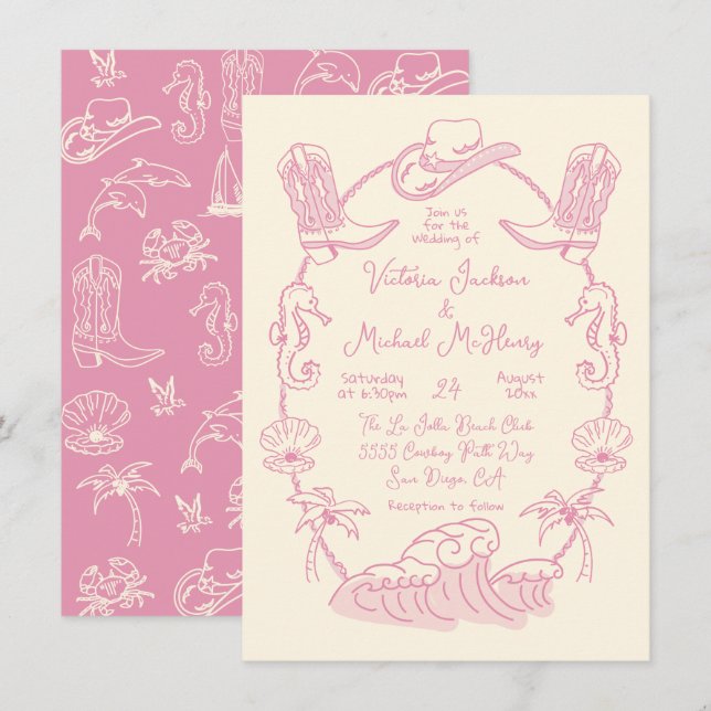 Hand drawn Tropical Coastal Cowboy Beach Wedding Invitation (Front/Back)