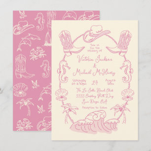 Hand drawn Tropical Coastal Cowboy Beach Wedding Invitation