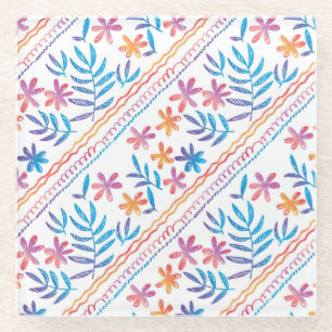 Hand drawn tropical flowers, leaves pattern. glass coaster