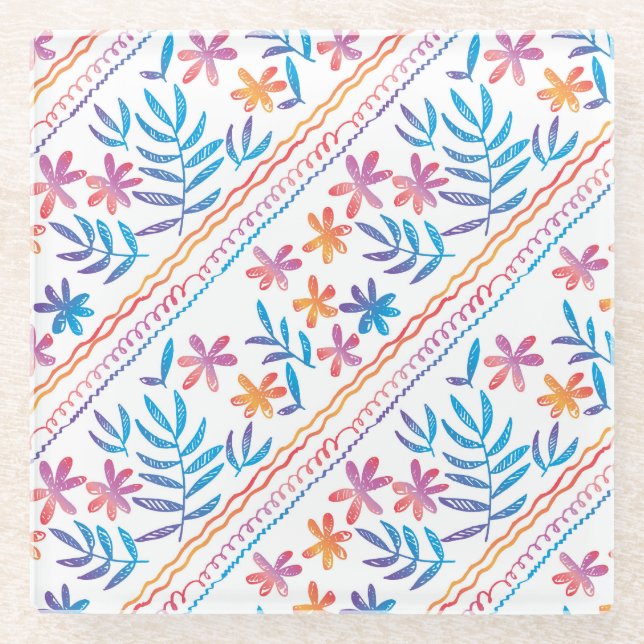 Hand drawn tropical flowers, leaves pattern. glass coaster (Front)