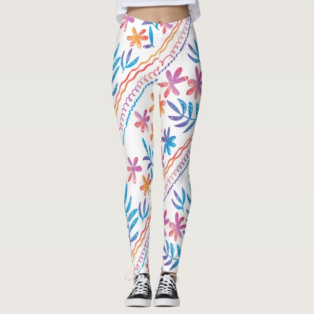 Hand drawn tropical flowers, leaves pattern. leggings (Front)