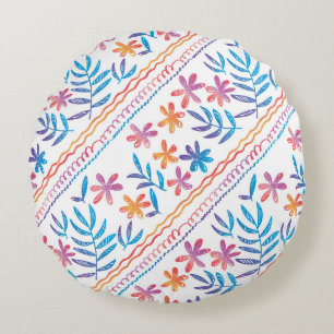 Hand drawn tropical flowers, leaves pattern. round pillow