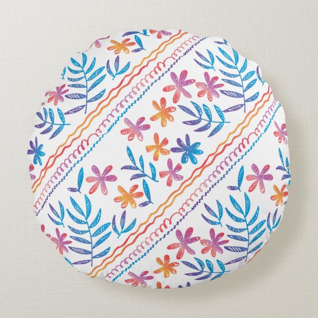 Hand drawn tropical flowers, leaves pattern. round pillow (Front)