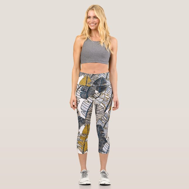 Hand Drawn: Tropical Leaves Capri Leggings (Front)