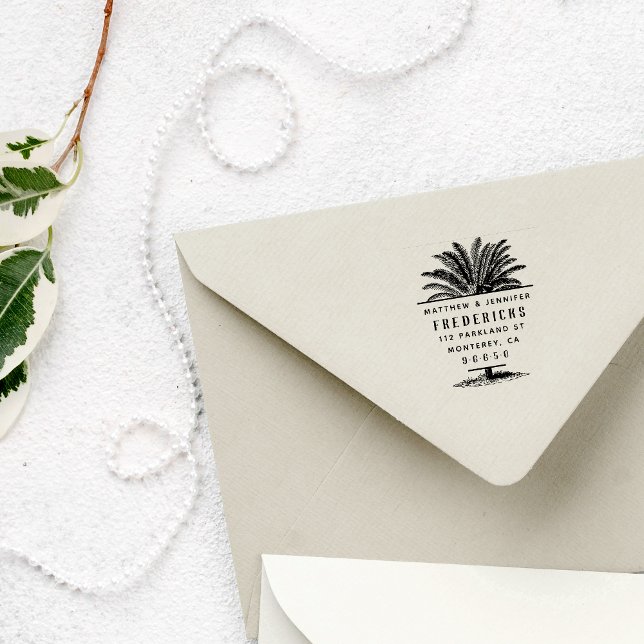 Hand-drawn Tropical Palm Wedding Return Address Rubber Stamp (Creator Uploaded)