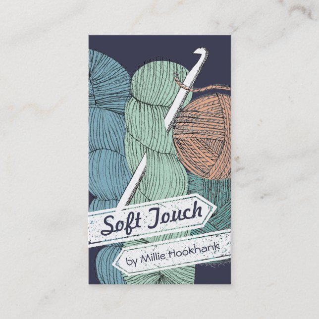 Hand drawn twisted yarn hank skein crochet hook business card (Front)