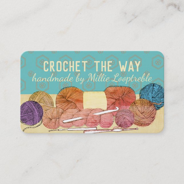 Hand drawn twisted yarn hank skein crochet hooks b business card (Front)