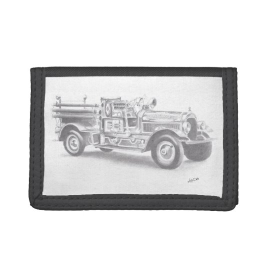 hand drawn unique vintage fire truck trifold wallets